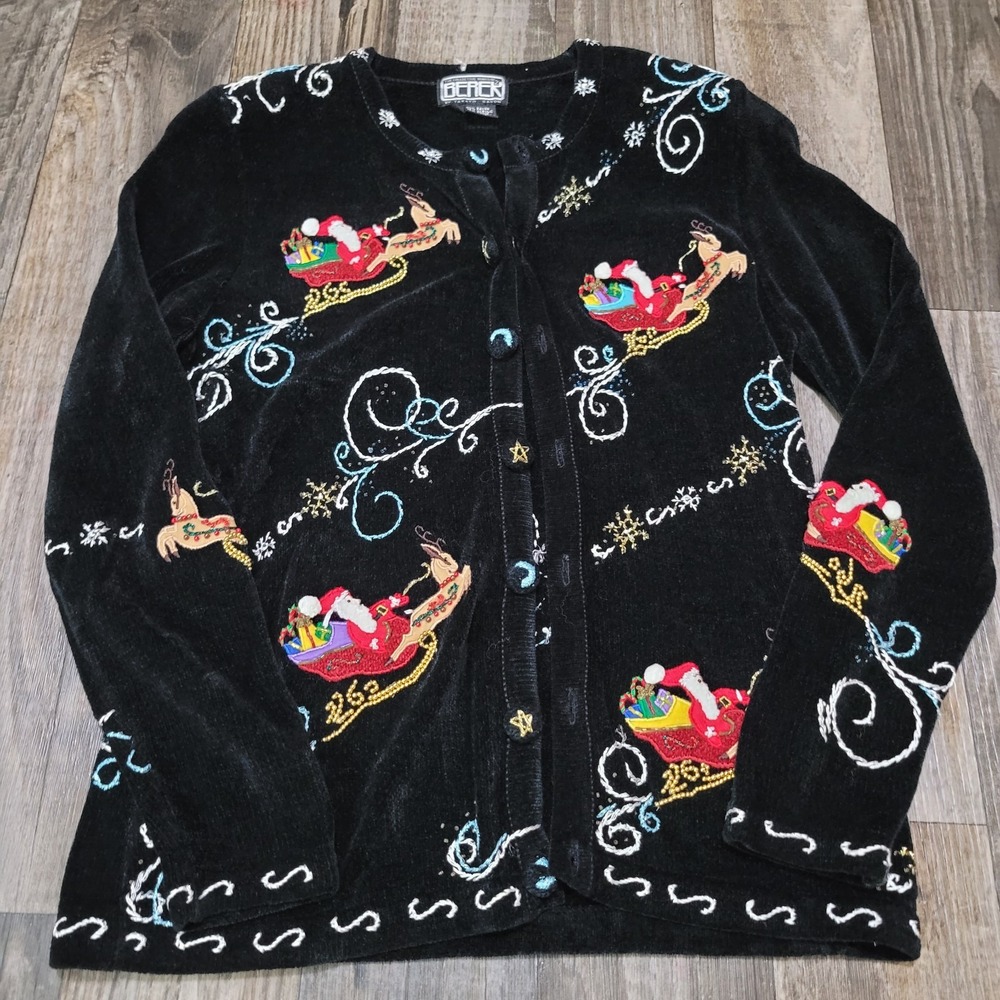 Vtg Berek Cardigan Christmas Sweater Embroidered Size Small Holiday Santa
